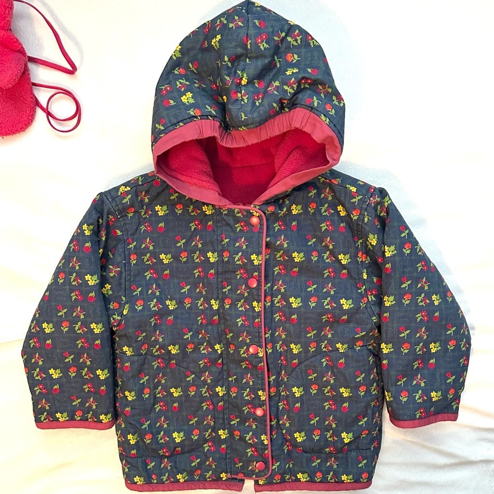 Vintage Gymboree 1998 Rainbow Tag Reversible Floral Blue/Pink Coat &Mittens 2-3T - Picture 3 of 12